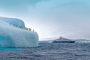 Eisberg mit Pinguinen und Scenic Eclipse im Hintergrund