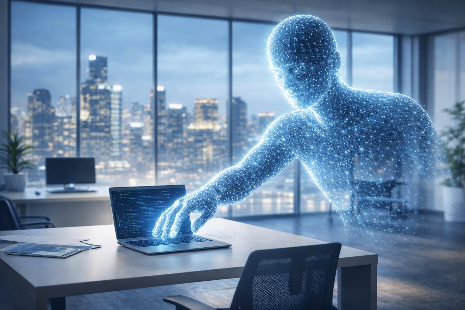 Abstrakte Darstellung von KI-Cyberangriffen auf Unternehmens-IT im Jahr 2026