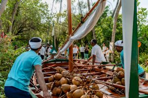 In Anlehnung an frühere Gepflogenheiten wurde das Boot per Hand über die Insel gezogen