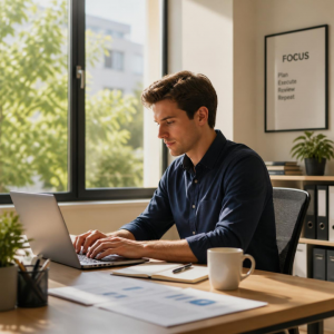 Konzentriertes Arbeiten am Schreibtisch bei Hitze am Arbeitsplatz